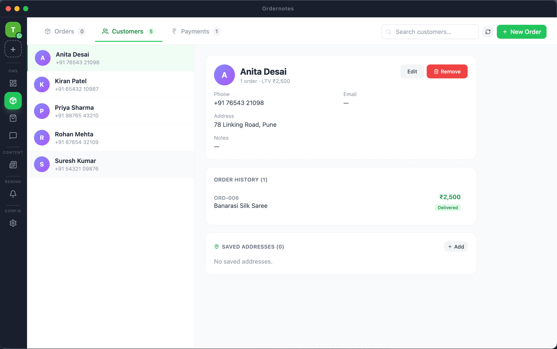 Ordernotes customer management view with WhatsApp chat history