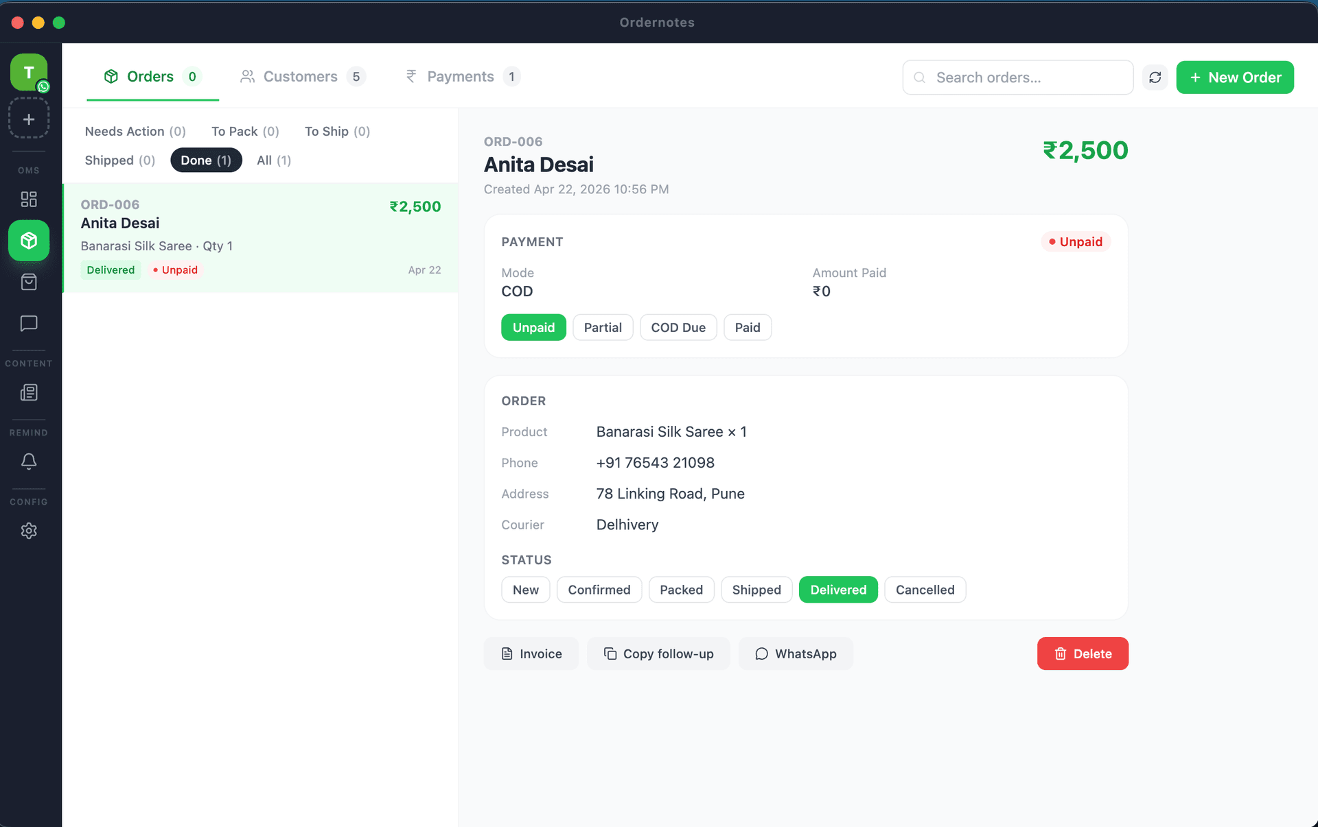 Ordernotes order board showing orders from WhatsApp and Instagram